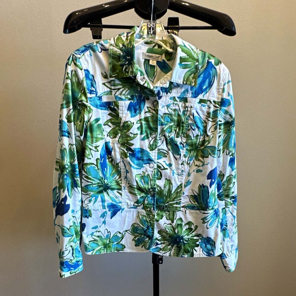 Coldwater Creek Floral Snap Front Jacket White/Green/Blue M Long Sleeve Pockets